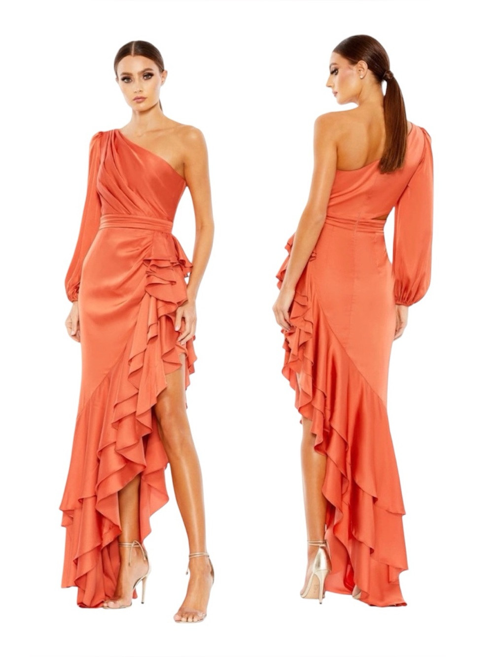 Ieena for Mac Duggal One Sleeve Cut-out Asymmetrical Gown